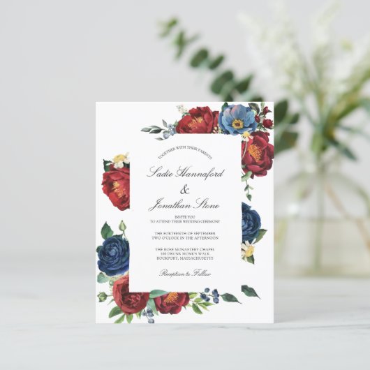 Budget Navy Blue Burgundy Red Wedding Invitation (Staand voorkant)