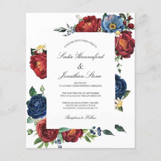 Budget Navy Blue Burgundy Red Wedding Invitation (Voorkant)