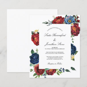 Budget Navy Blue Burgundy Red Wedding Invitation