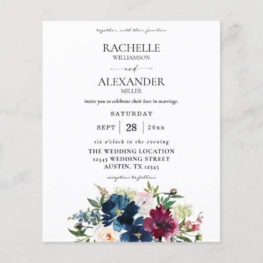 Budget Navy Blue, Burgundy & White Floral Wedding Flyer (Voorkant)