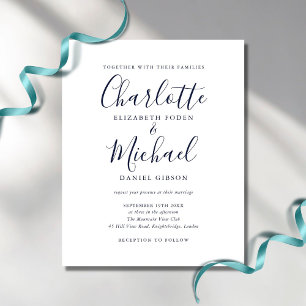 Budget Navy Blue Chic Script Trouw Uitnodiging