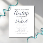 Budget Navy Blue Chic Script Wedding Invitation<br><div class="desc">Deze elegante budgetmarine blauw en witte bruiloft-uitnodiging met handtekeningnamen kan worden gepersonaliseerd met uw informatie in het teken van het teken. Ontworpen door: Thisnotme©</div>