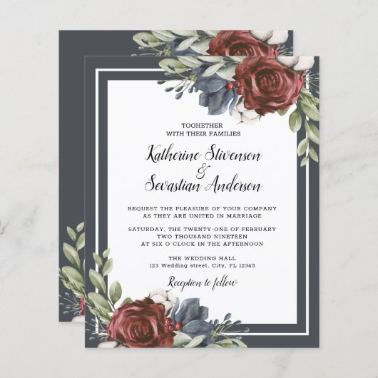 Budget Navy Blue Dark Moody Floral Wedding Flyer (Voorkant / Achterkant)