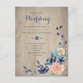 Budget Navy Blue en Coral Wedding Woodland Briefkaart