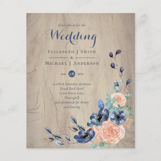 Budget Navy Blue en Coral Wedding Woodland Flyer (Voorkant)