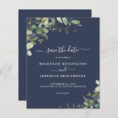 Budget Navy Blue Eucalyptus Wedding Save the Date (Voorkant / Achterkant)