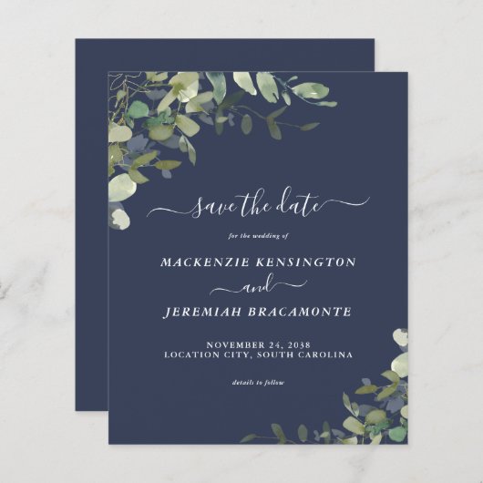 Budget Navy Blue Eucalyptus Wedding Save the Date (Voorkant / Achterkant)
