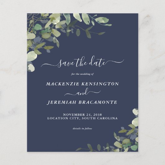 Budget Navy Blue Eucalyptus Wedding Save the Date (Voorkant)