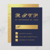 Budget Navy Blue Faux Gold Script Weddenschap RSVP (Voorkant / Achterkant)