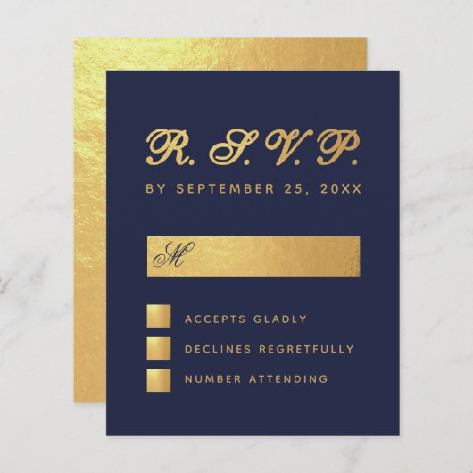 Budget Navy Blue Faux Gold Script Weddenschap RSVP (Voorkant / Achterkant)