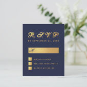 Budget Navy Blue Faux Gold Script Weddenschap RSVP (Staand voorkant)