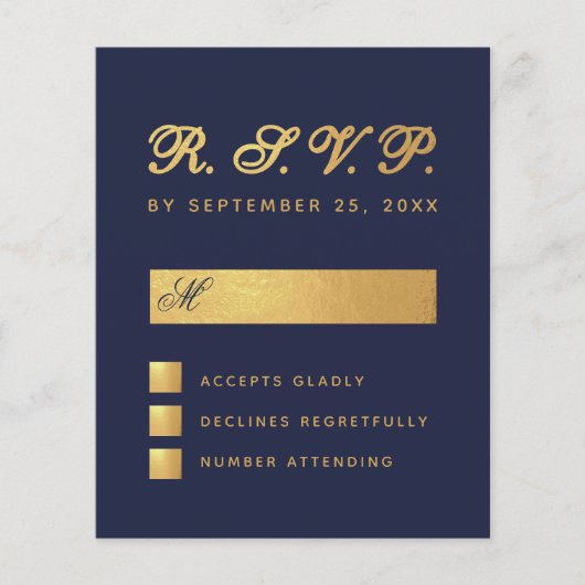 Budget Navy Blue Faux Gold Script Weddenschap RSVP (Voorkant)