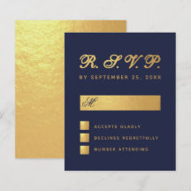 Budget Navy Blue Faux Gold Script Weddenschap RSVP