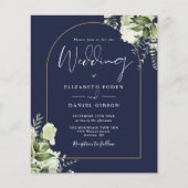 Budget Navy Blue Floral Gold Arch Wedding Invite (Voorkant)