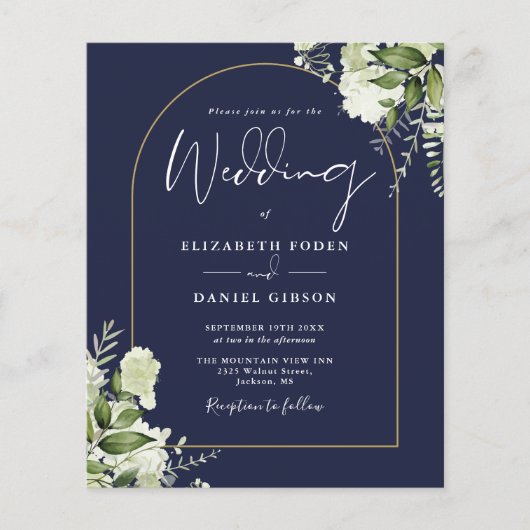 Budget Navy Blue Floral Gold Arch Wedding Invite (Voorkant)