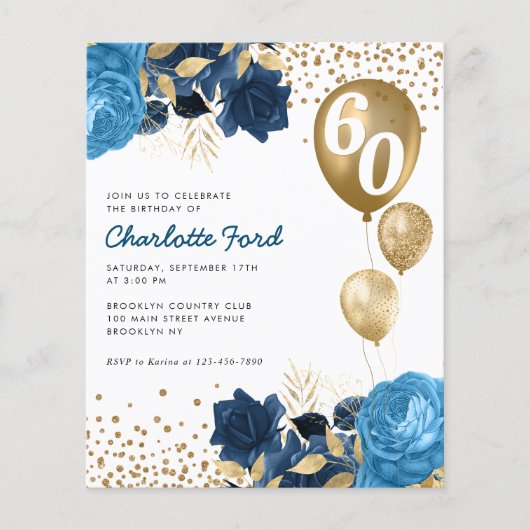 Budget Navy Blue Floral Gold ballonvaarding Birthd (Voorkant)