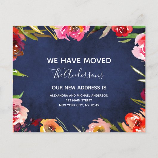 Budget Navy Blue Floral Moving Announge (Voorkant)