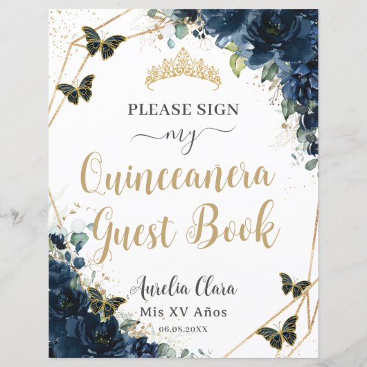 Budget Navy Blue Floral Quinceanera 16 Gastboek (Achterkant)