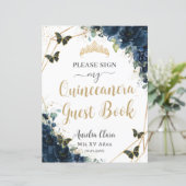 Budget Navy Blue Floral Quinceanera 16 Gastboek (Staand voorkant)