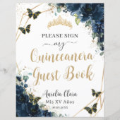 Budget Navy Blue Floral Quinceanera 16 Gastboek (Voorkant)