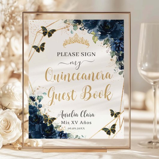 Budget Navy Blue Floral Quinceanera 16 Gastboek