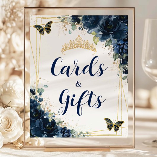 Budget Navy Blue Floral Quinceañera Kaart & Gesche