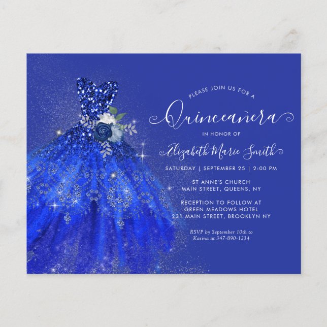 Budget Navy Blue Floral Silver Glitter Quinceanera (Voorkant)