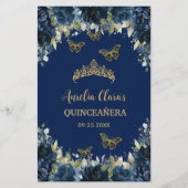 Budget Navy Blue Floral Sweet 16 Quinceañera Menu (Achterkant)