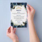 Budget Navy Blue Floral Sweet 16 Quinceañera Menu (Hand)