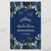 Budget Navy Blue Floral Sweet 16 Quinceañera Menu (Achterkant)