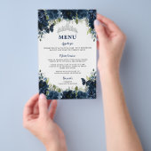 Budget Navy Blue Floral Sweet 16 Quinceañera Menu (Hand)