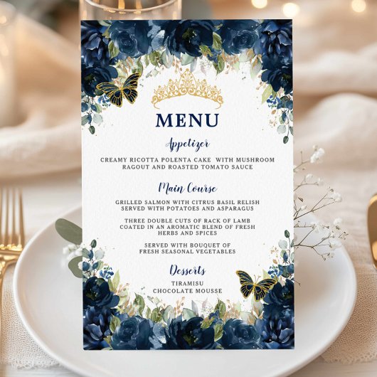 Budget Navy Blue Floral Sweet 16 Quinceañera Menu