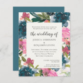 Budget Navy Blue Floral Waterverf Wedding Invite (Voorkant / Achterkant)