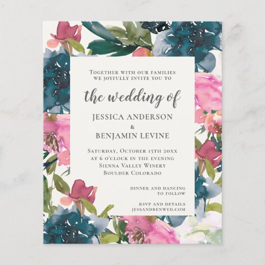 Budget Navy Blue Floral Waterverf Wedding Invite (Voorkant)