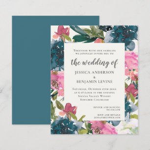 Budget Navy Blue Floral Waterverf Wedding Invite