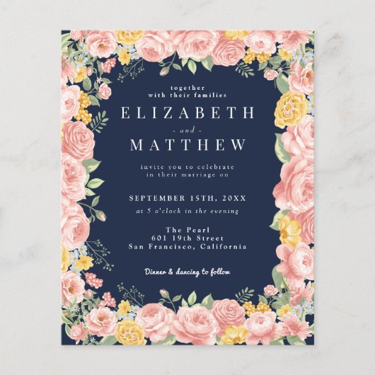 Budget Navy Blue Floral Wildflower Foto QR Code Flyer (Voorkant)