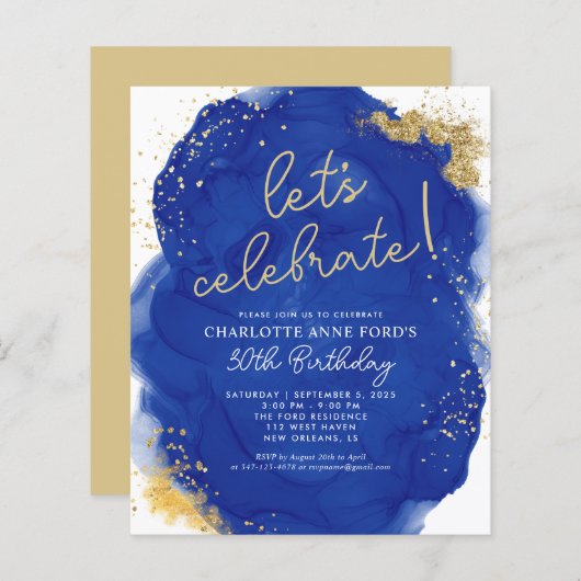 Budget Navy Blue Glitter Alcohol Ink Birthday (Voorkant / Achterkant)