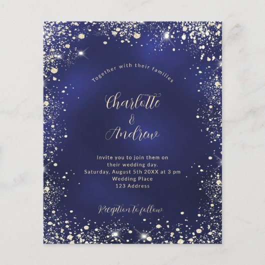 Budget navy blue glitter bruiloft uitnodiging (Voorkant)