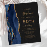 Budget Navy Blue Gold Agaat Dark 50th Birthday<br><div class="desc">De linkerrand van deze elegante 50e verjaardagsfeestuitnodiging is voorzien van een marineblauwe waterverf agaatrand met gouden faux glitter. De aanpasbare tekst combineert goudkleurig handschrift,  koperplaat en cursieve lettertypen op een leisteen zwarte achtergrond. De achterkant heeft een bijpassend marineblauw en gouden agaat ontwerp.</div>