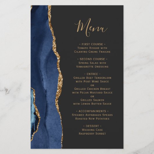 Budget Navy Blue Gold Agaat Dark Wedding Menu (Voorkant)