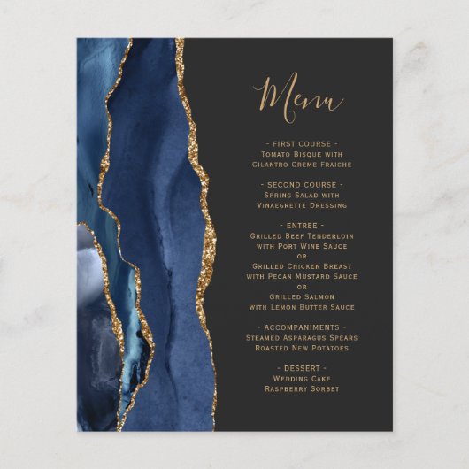 Budget Navy Blue Gold Agaat Dark Wedding Menu (Voorkant)