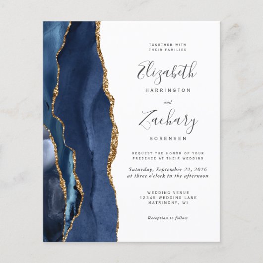 Budget Navy Blue Gold Agate 4-Photo Wedding Invite (Voorkant)