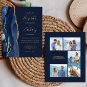 Budget Navy Blue Gold Agate 4-Photo Wedding Invite