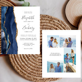 Budget Navy Blue Gold Agate 4-Photo Wedding Invite