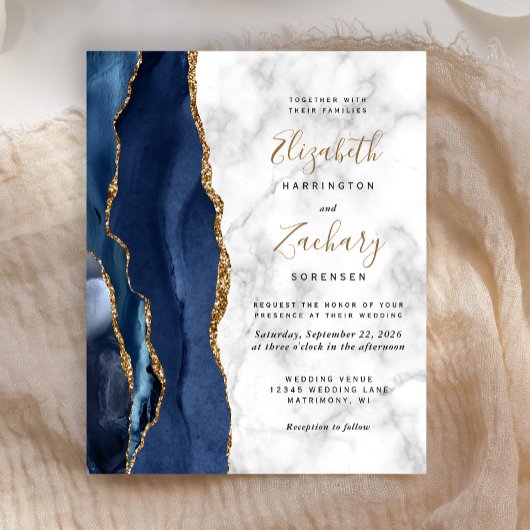 Budget Navy Blue Gold Agate Marble Wedding Invite