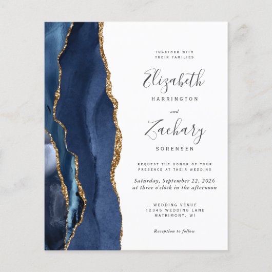 Budget Navy Blue Gold Agate Photo Wedding Invite (Voorkant)