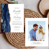 Budget Navy Blue Gold Agate Photo Wedding Invite