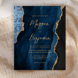Budget Navy Blue Gold Agate Script Wedding Invite