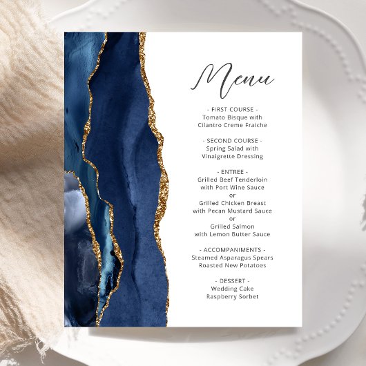 Budget Navy Blue Gold Agate Script Wedding Menu