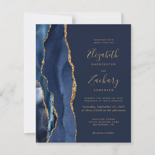 Budget Navy Blue Gold Agate Wedding Invitation (Voorkant)